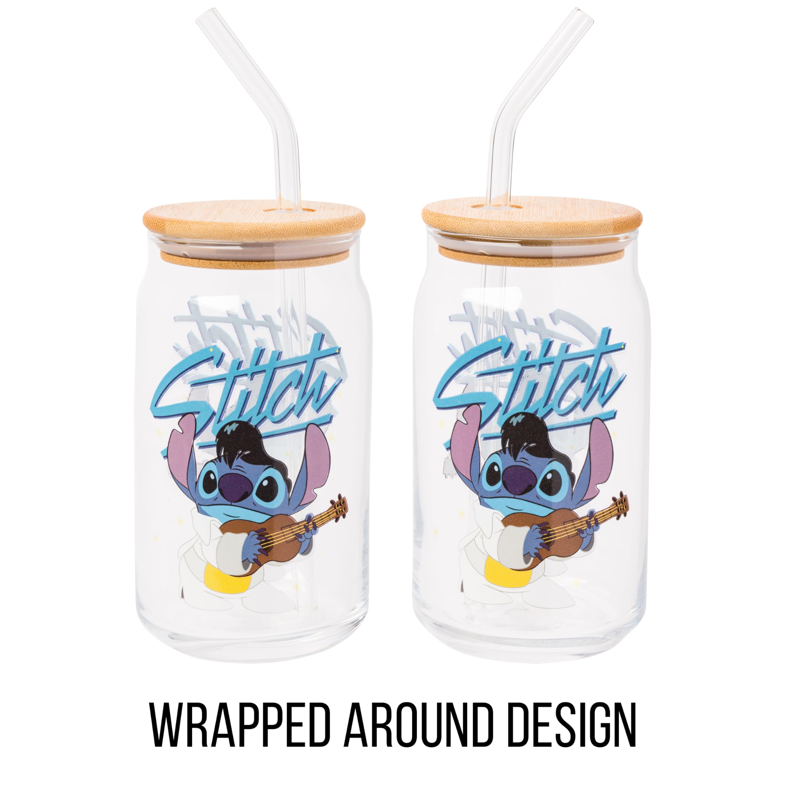 Silver Buffalo Disney Lilo and Stitch Glass Tumbler with Bamboo Lid and Glass Straw Featuring Stitch in an Elvis Costume, 16 Oun